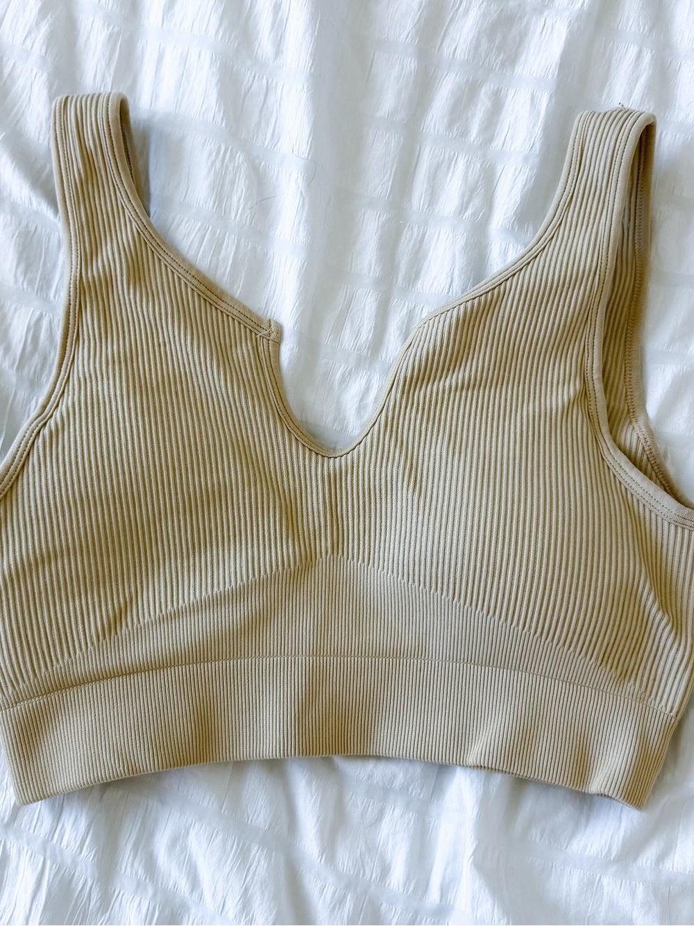 Ribbed V-Neck Crop Tank Top in Tan